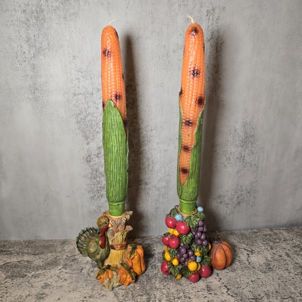 2 Vintage Turkey Taper Candle Holders Pair Colorful Whimsical Thanksgiving Decor